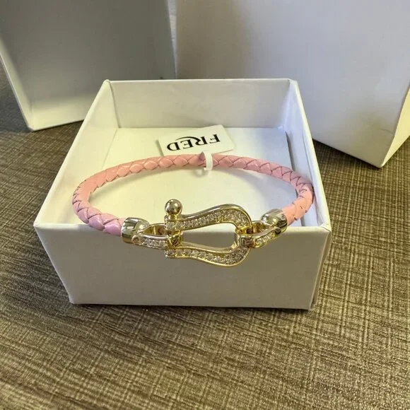 Pink Braided Leather Bracelet with Diamond-Encrusted Gold Clasp - Picture 3 of 8